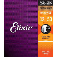 Elixir Acoustic Guitar Strings Phosphor Bronze Nanoweb - Light 12/53